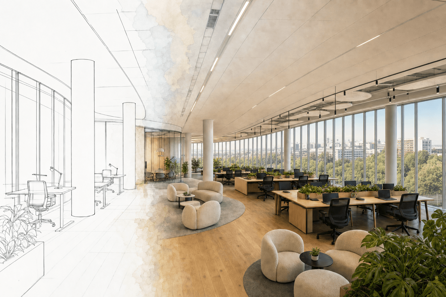 Editorial composite image of a single LINK Geneva tenant floor that gradually transitions from a clean black-and-white architect's line drawing of a small starter suite on the left, through a hand-drawn watercolor mid-section, into a full-color photograph of a vast LINK headquarters on the right — bench desks, lounge sofas with bouclé chairs, oak floors, white cylindrical columns and the building's curved panoramic windows looking onto the realistic Vernier landscape of mature trees and low-rise Geneva suburbs — visualising the architect's sketch becoming the realised headquarters as the company grows.