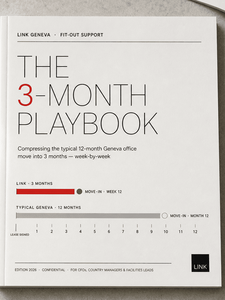 Cover of the LINK Geneva 3-Month Move-In Playbook: a premium A4 corporate booklet on a warm-grey desk, Swiss-style typography on an off-white cover with the title 'THE 3-MONTH PLAYBOOK' (the '3' in red), and a clear comparison diagram of two timeline bars sharing the same lease-signed start point — a short red 'LINK · 3 months' bar ending with a green move-in dot at week 12, against a much longer grey 'Typical Geneva · 12 months' bar ending at month 12 — visually showing LINK delivers four times faster than the typical Geneva fit-out