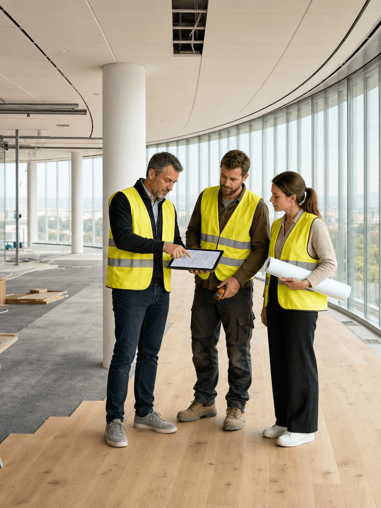 On-site fit-out in progress at LINK Geneva: a project manager, tradesman, and architect in hi-vis vests reviewing a floor plan on a tablet, with the building's curved double-skin glass facade and panoramic views of green Geneva landscape behind them, oak flooring being laid in the foreground