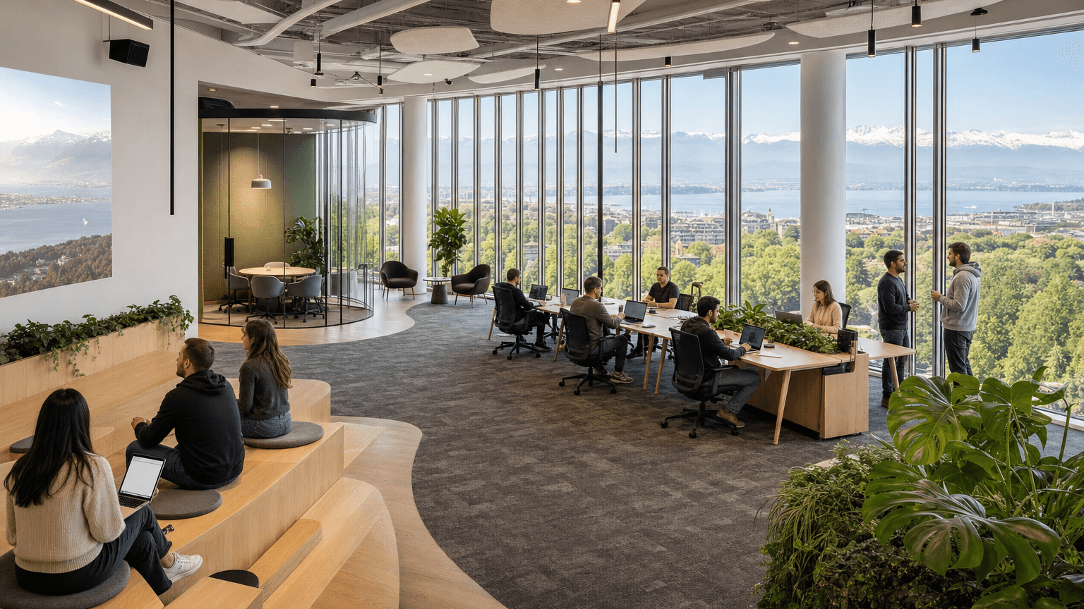 International SaaS company EMEA headquarters on Floor 9 at LINK Geneva: a full-floor open-plan office with tiered oak town hall seating, bench desks where a diverse team works on laptops, a glass-walled huddle room and a wellness nook with plum velvet armchairs, panoramic views of Lake Geneva and Mont Blanc through the building's curved glass facade