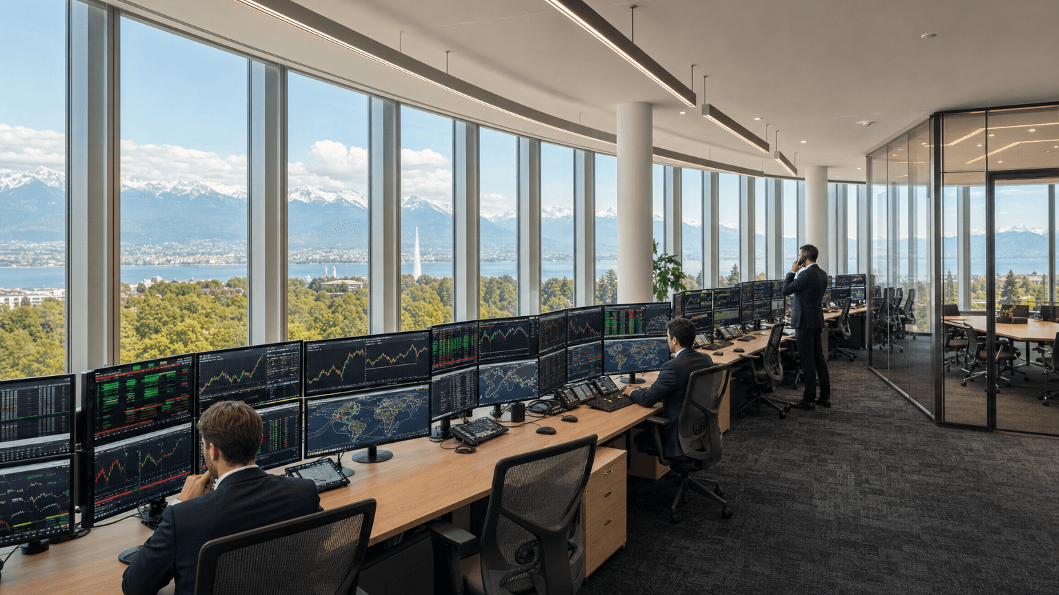 Geneva commodity trading firm fit-out on Floor 7 at LINK Geneva: a long row of high-density trading desks with multi-monitor terminals showing financial charts and world maps, traders in business attire at work, the curved double-skin glass facade revealing Lake Geneva, the Jet d'Eau and snow-capped Mont Blanc behind them