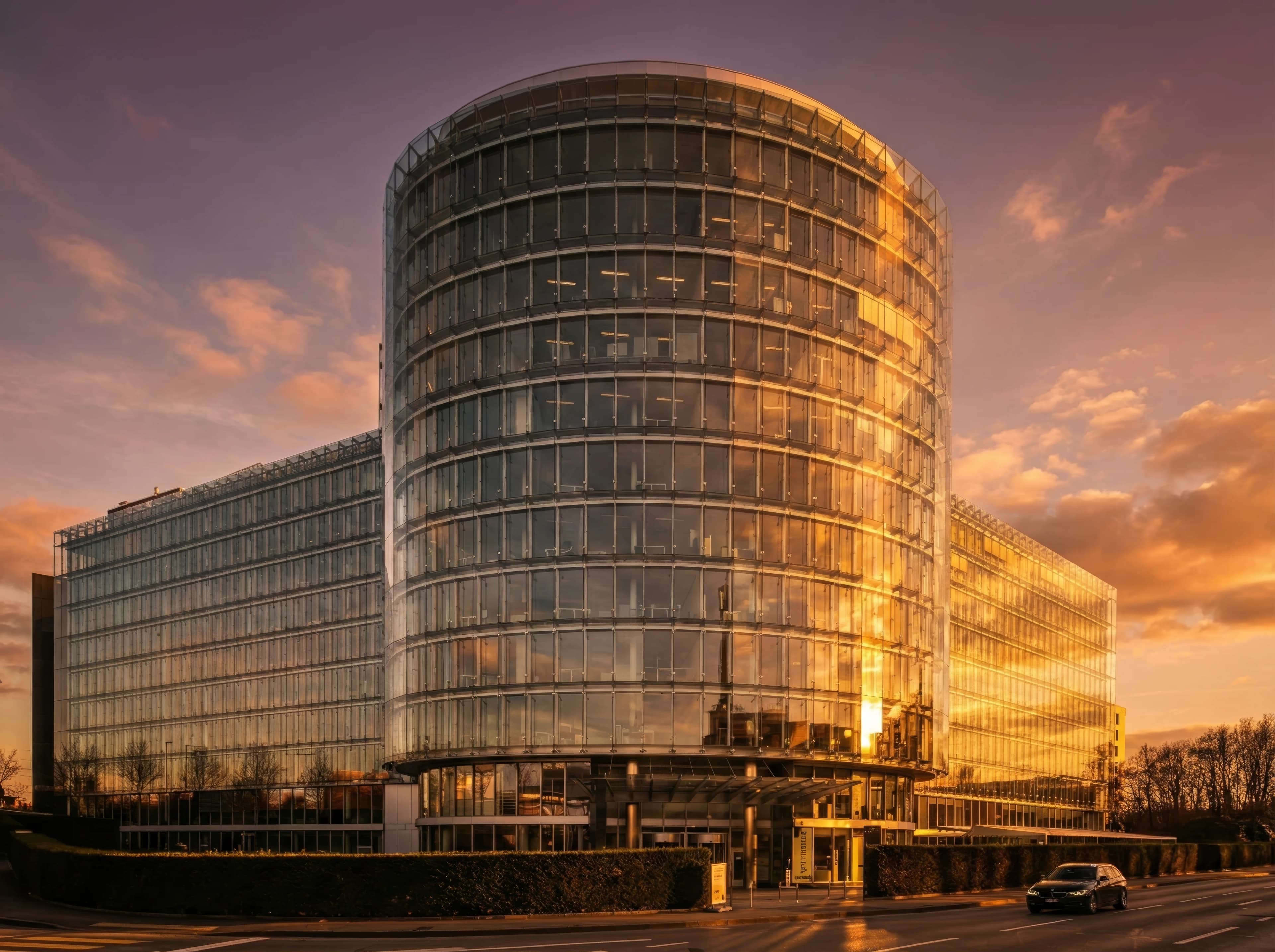 LINK Geneva building exterior at sunset