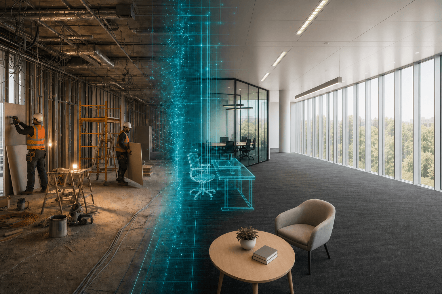 Visual contrast between months of expensive office construction on the left and a move-in ready LINK Geneva fitted office on the right, joined by a digital wireframe transition