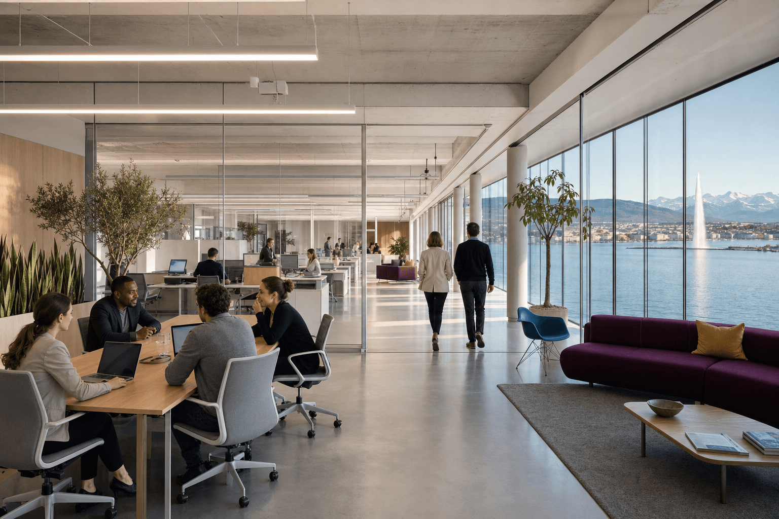 Premium open-plan tenant office at LINK Geneva with panoramic Lake Geneva views, illustrating a tenant's growth from a single suite to a full floor